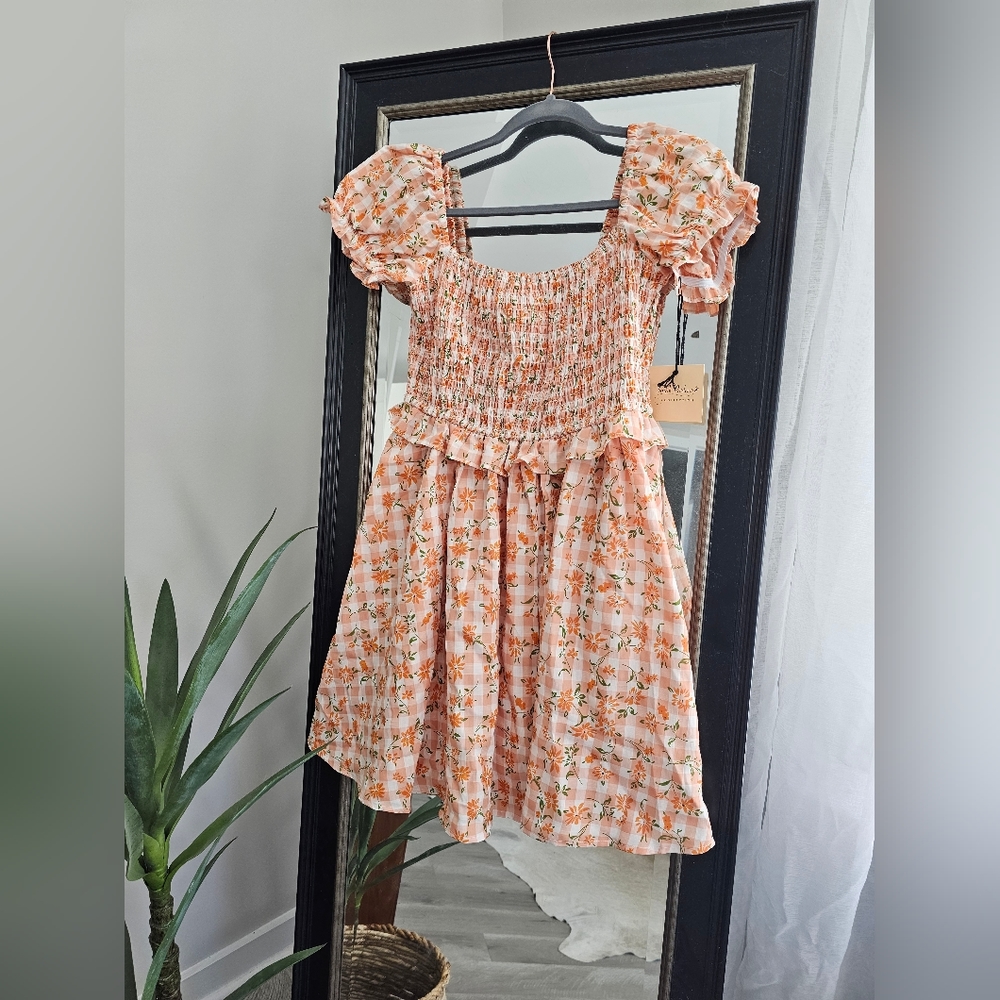 NWT Unique Vintage Smak Parlour Peach Gingham Floral Dress M